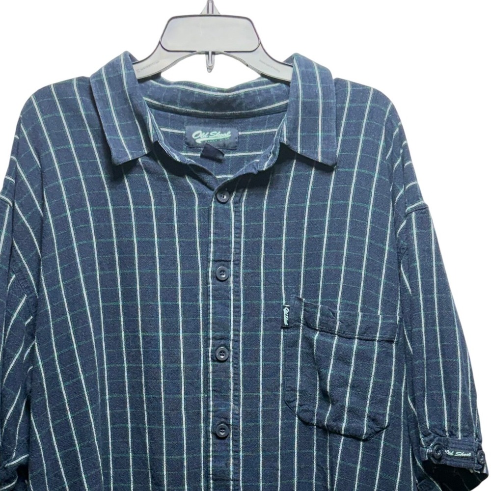 Old Skool Urban Wear 3X Navy Linen Blend Grid Button Down Shirt Short Sleeve